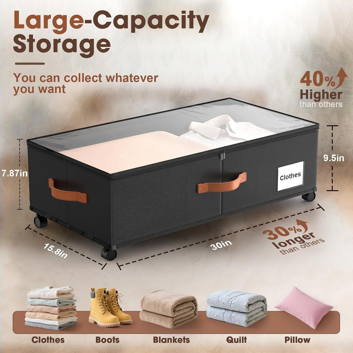Under Bed Storage with Wheels 2 Pack, 9.5" Tall Large Capacity Containers