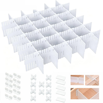 Adjustable Plastic Drawer Separators, 15 PCS Dividers + 25 Connectors, 14.96" Length x 4.33" Height, Cuttable Storage Organizer for Socks, Garments, Kitchen Tools, Bedroom & Bathroom Drawers