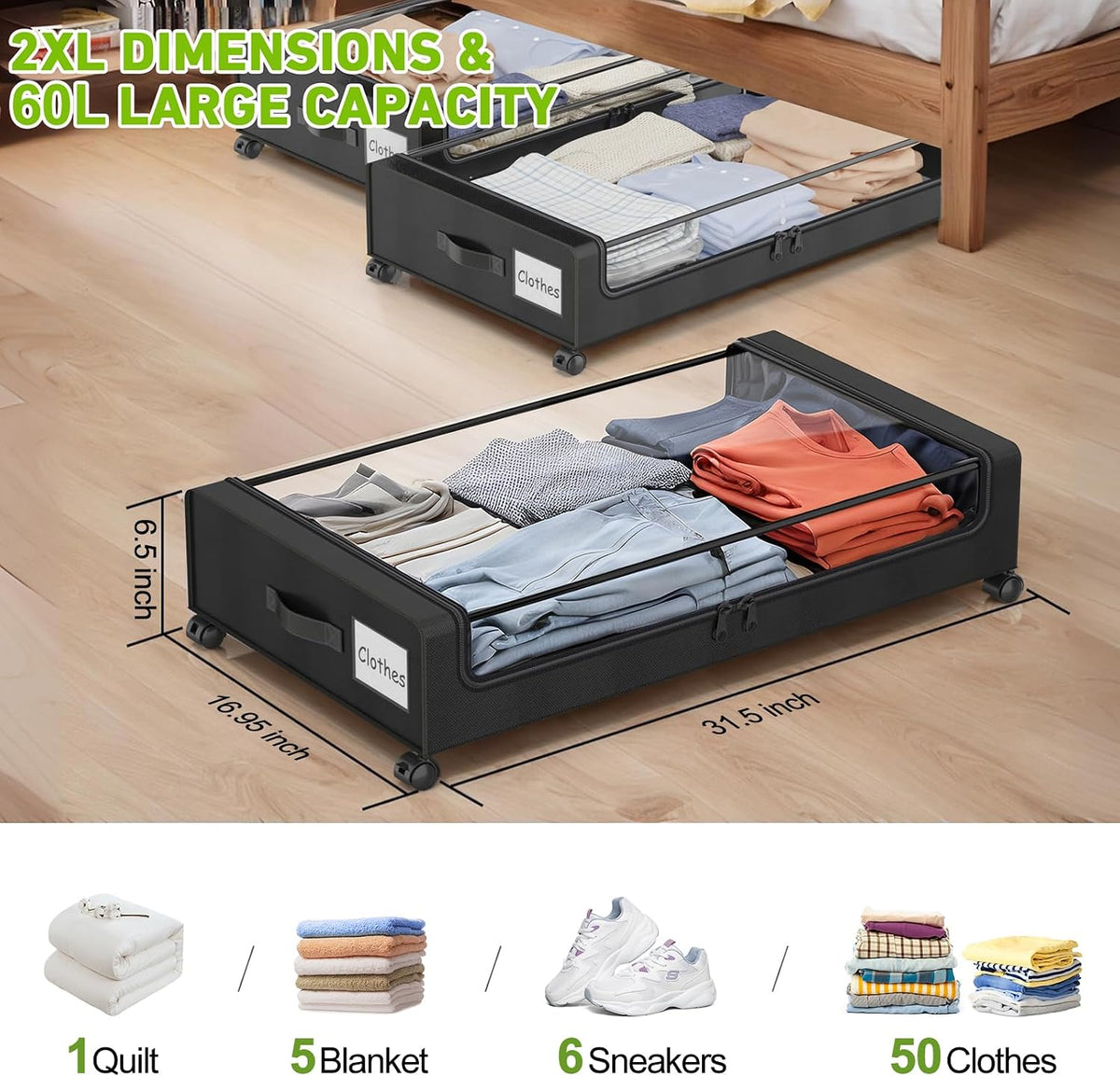 Beborxue Under Bed Storage with Wheels, 2-Pack, Black