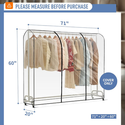 Clear Garment Rack Cover 71" L x 20" W x 60" H, Clothes Rack Cover with Reinforced Double Zippers, Waterproof PEVA Dustproof Protection – Cover Only, Rack Not Included