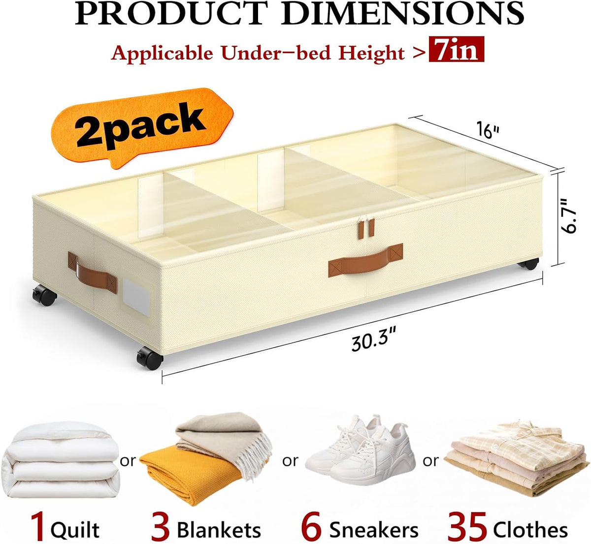 Yecaye Under Bed Storage with Wheels, 2 Pack Under Bed Storage Containers with Adjustable Dividers & Clear Lid, Rolling Underbed Organizer Bins Drawer for Clothes, Shoes, Blankets(30.3 x 16 x 6.7in)