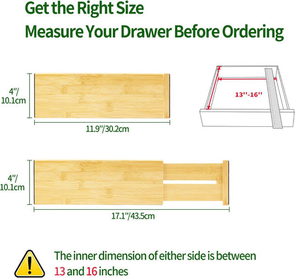 VaeFae 3 Pack Bamboo Drawer Dividers, 4" High Adjustable 11.9-17.1" Clothes Drawer Organizers, Expandable Separators for Bedroom/Bathroom/Kitchen/Office Storage