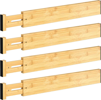 4 Pack Bamboo Drawer Dividers 17-22" Adjustable Kitchen Organizer, Natural