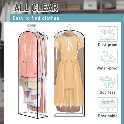 MISSLO 10" Gusseted All Clear Garment Bags for Hanging Clothes 60" Dress Bags for Gowns Long Fur Coat Closet Storage Covers, 3 Packs