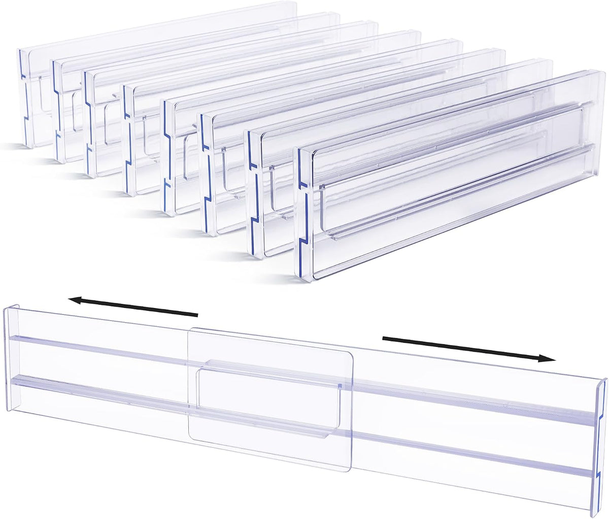 Vtopmart Drawer Dividers Organizers 8 Pack, Adjustable 3.2" High Expandable from 12.2-21.4" Kitchen Drawer Organizer, Clear Plastic Drawers Separators for Clothing, Installed by Double-sided Tape