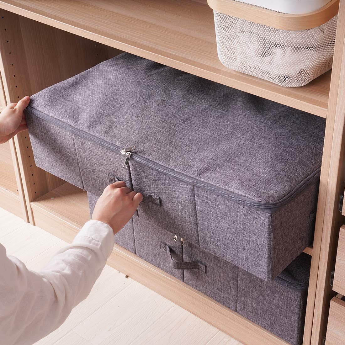 Folding Fabric Rigid Under Bed Closet Storage Bins with Zip Lid,Black Gray