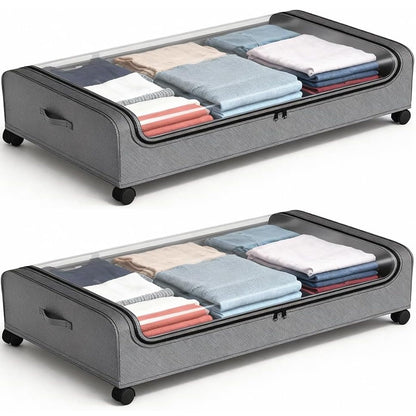 Under Bed Storage with Wheels, 2-Pack Under the Bed Storage Containers with Clear Lids & Label, Underbed Storage Bins, XXXL 85L 11 inches Rolling Metal Drawer for Clothes, Shoes, Toys, Books - Gray