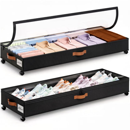 Yecaye Under Bed Storage with Wheels, 2 Pack Under Bed Storage Containers with Adjustable Dividers & Clear Lid, Rolling Underbed Organizer Bins Drawer for Clothes, Shoes, Blankets(30.3 x 16 x 6.7in)