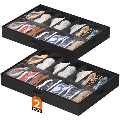 Lifewit Under Bed Shoe Storage Organizer 2 Pack(12 Shoes Cells), 4.3 Inches Profile Fabric Shoes Container Box with Clear Cover, Foldable Storage Bag with 2 Handles, Fits 12 to 24 Pairs