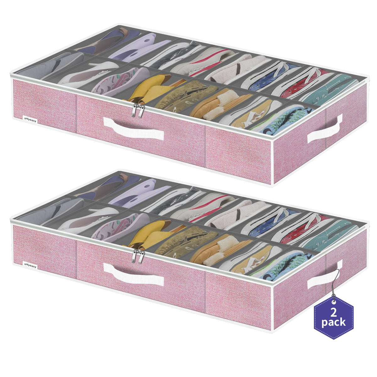 Onlyeasy 2 Pack Under Bed Shoes Storage Bag Organizer (14+4 Pairs), Collapsible Shoe Boot Container with Handles, Underbed Storage Solution for Kids & Adults, 86x60x15cm, Linen-like Black, MXAUBS14S4