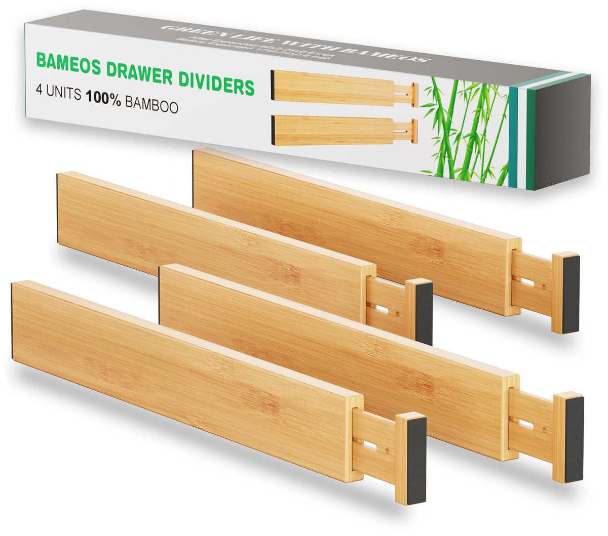 BAMEOS Bamboo Expandable Drawer Dividers – Fits 16.6"–22" Drawers, 2" High, Set of 4 | Spring-Loaded Bamboo Separator for Kitchen Island, Bathroom Vanity & Dresser Drawers