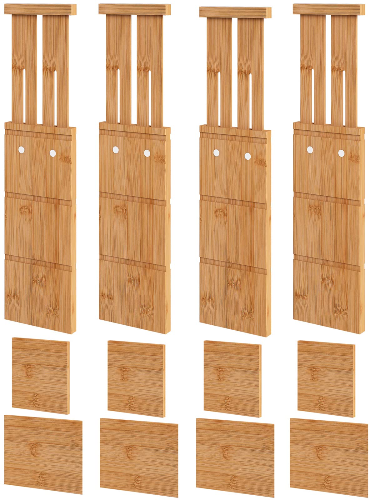4.4" High Drawer Dividers with Inserts, Bamboo Drawer Dividers for Clothes, Expandable from 12-17.5", Adjustable drawer organizer for Bedroom, Kitchen & Office, 4 Dividers with 8 Insert.