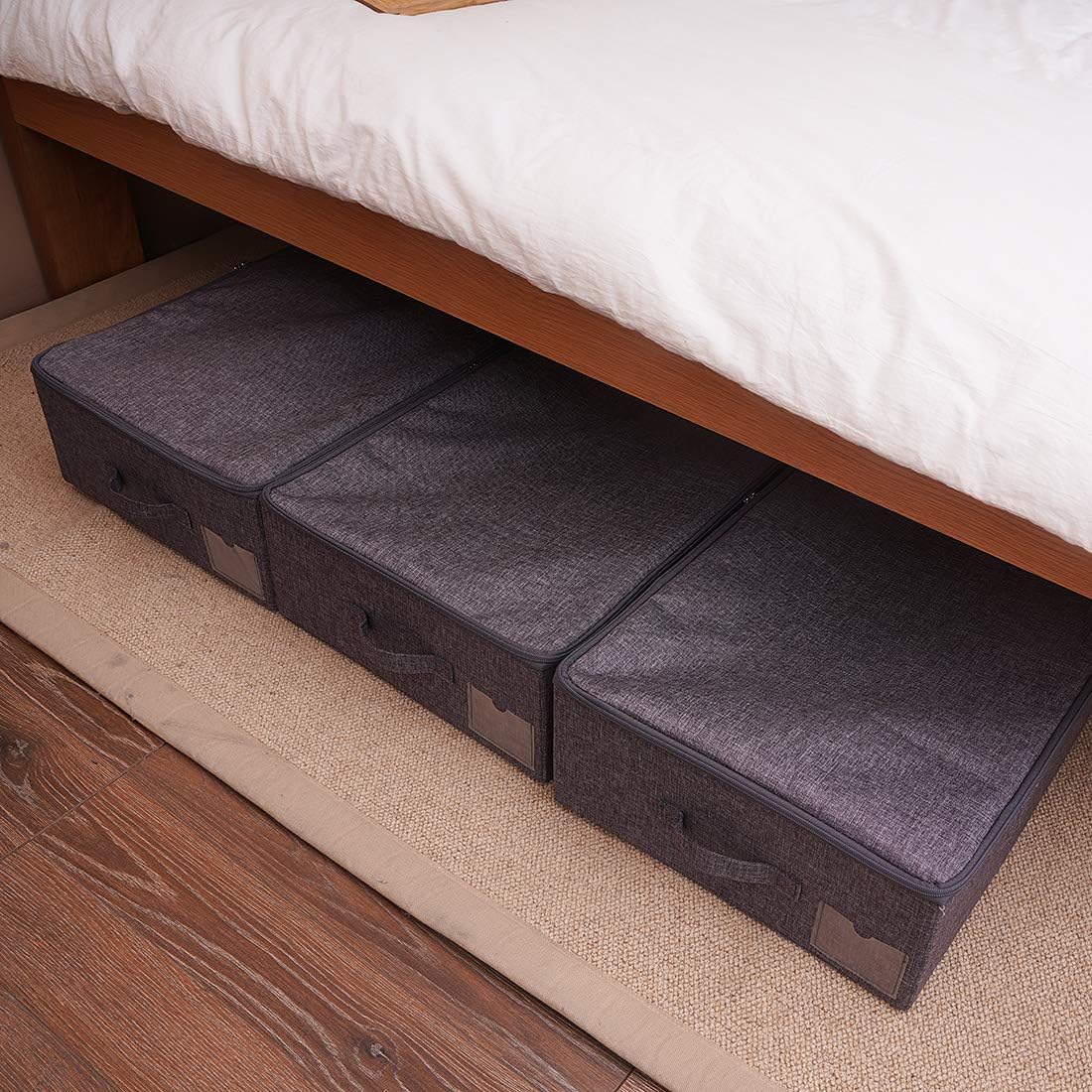 Folding Fabric Rigid Under Bed Closet Storage Bins with Zip Lid,Black Gray
