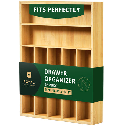 ROYAL CRAFT WOOD Luxury Bamboo Kitchen Drawer Organizer for Kitchen Organization - Silverware Organizer, Utensil Holder & Cutlery Tray Drawer Dividers for Flatware Silverware Storage, 9 Slot, Natural