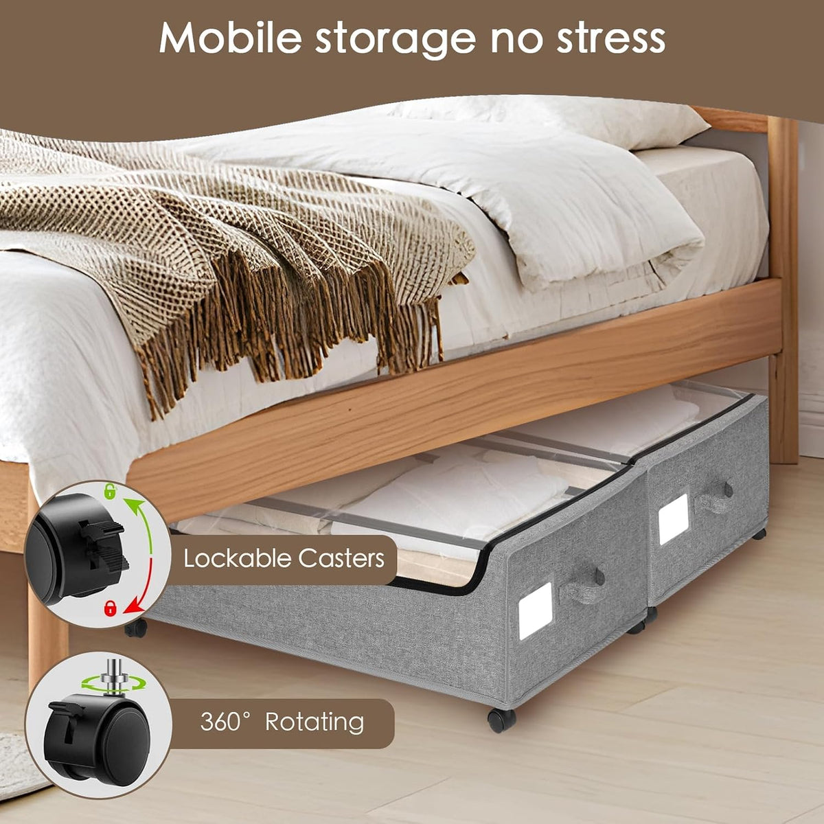 Under Bed Storage with Wheels, 2-Pack Under the Bed Storage Containers with Clear Lids & Label, Underbed Storage Bins, XXXL 85L 11 inches Rolling Metal Drawer for Clothes, Shoes, Toys, Books - Gray