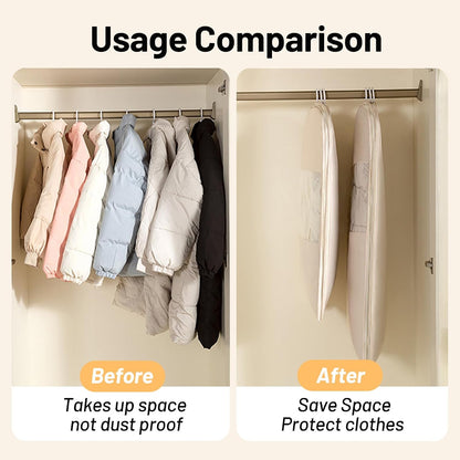 Space Saving Hanging Compression Garment Bag with Zipper for Closet Storage, Hanging Clothes Storage Bag, Garment Covers for Coats and Down Jackets, Beige, XL