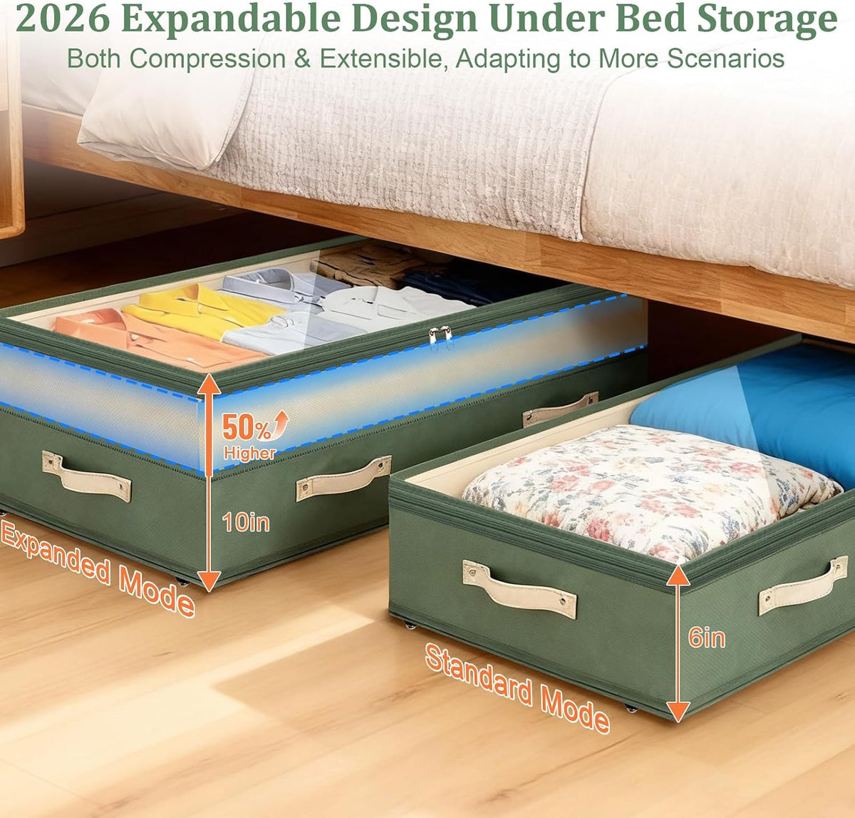 Dolicer 2 Pack Under Bed Storage with Wheels, 6in-10in Height Adjustable Underbed Storage Containers, 92L XXXL Under Bed Drawers Rolling Bin with Clear Lids for Dorm Shoes Clothes Organizers(Green)