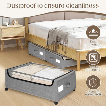 Under Bed Storage with Wheels, 2 Pack Under Bed Storage Containers, 10.6 inches Tall Underbed storage bins on Wheels, Rolling Under the Bed Metal Drawers for Clothes, Blankets, Shoes (XXXL, 90L)