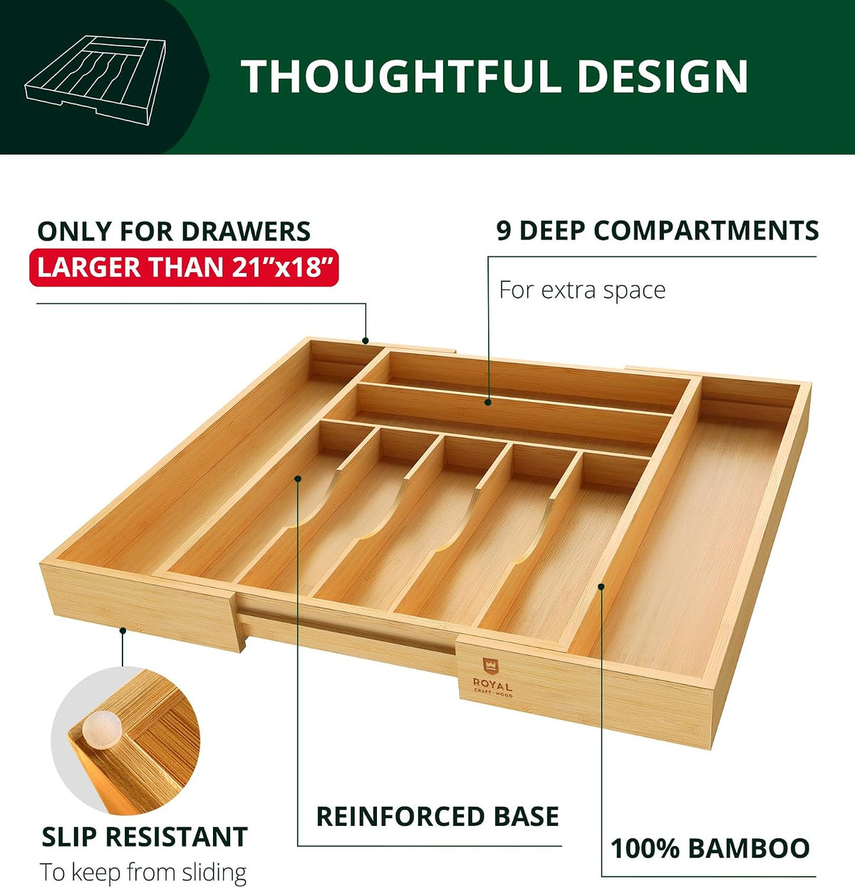 ROYAL CRAFT WOOD Luxury Bamboo Kitchen Drawer Organizer for Kitchen Organization - Silverware Organizer, Utensil Holder & Cutlery Tray Drawer Dividers for Flatware Silverware Storage, 9 Slot, Natural