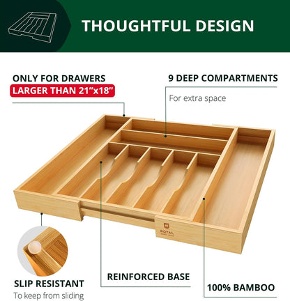 ROYAL CRAFT WOOD Luxury Bamboo Kitchen Drawer Organizer for Kitchen Organization - Silverware Organizer, Utensil Holder & Cutlery Tray Drawer Dividers for Flatware Silverware Storage, 9 Slot, Natural