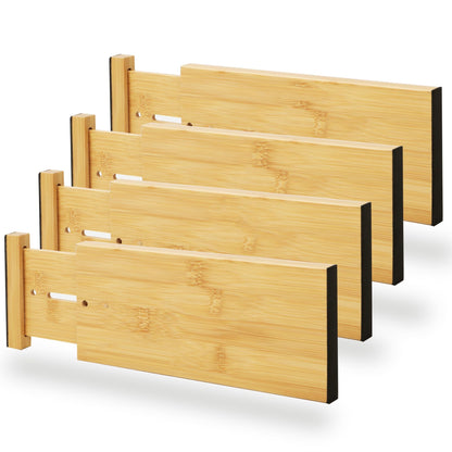 BAMEOS Bamboo Expandable Drawer Dividers – Fits 16.6"–22" Drawers, 2" High, Set of 4 | Spring-Loaded Bamboo Separator for Kitchen Island, Bathroom Vanity & Dresser Drawers