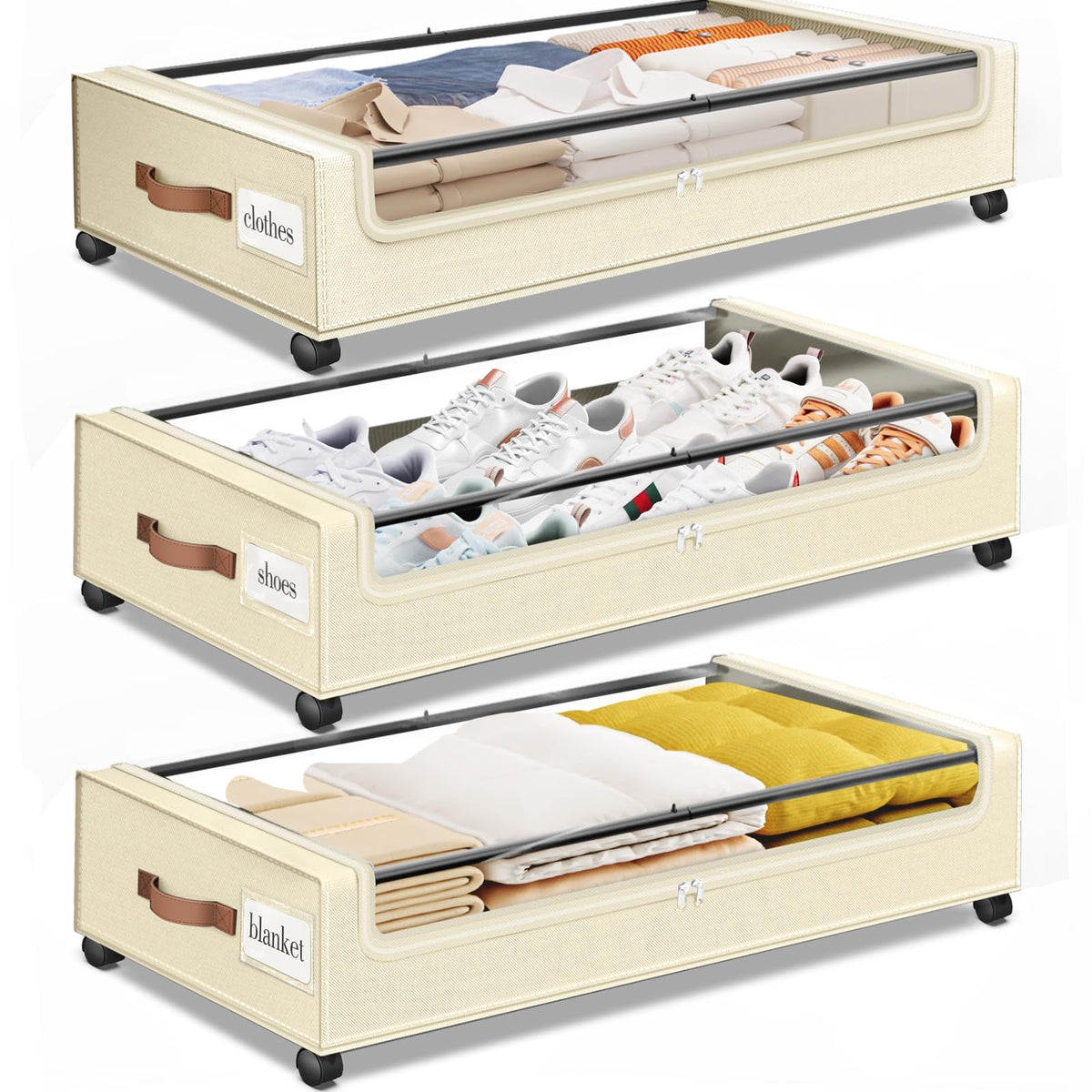 Under Bed Storage with Wheels 3Pack Storage Containers with Clear Window