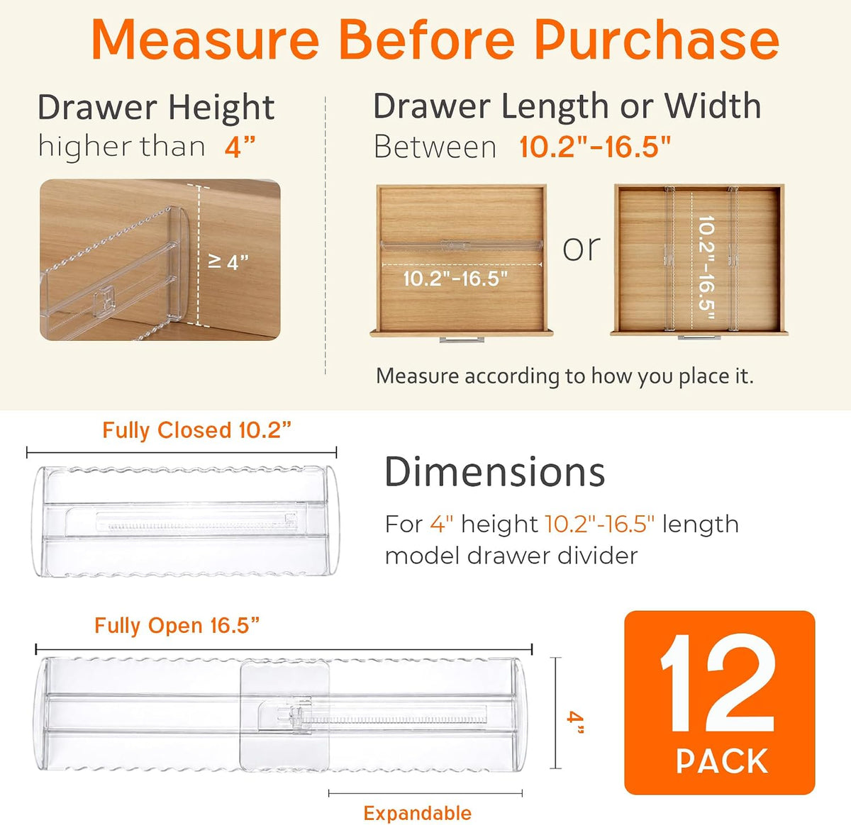 12 Pack 4" High Drawer Dividers for Clothes, 10.2"-16.5" Expandable