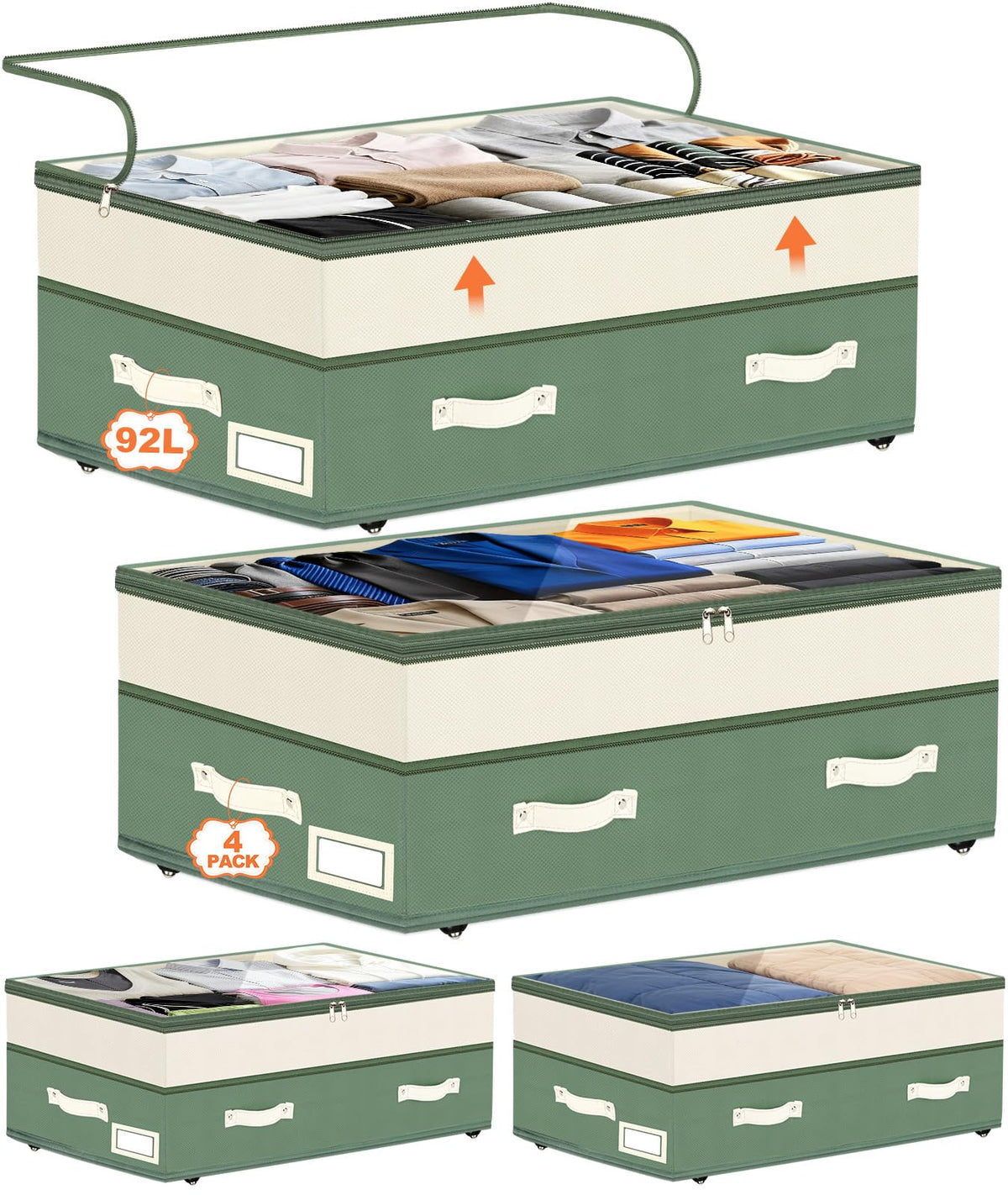 Dolicer 2 Pack Under Bed Storage with Wheels, 6in-10in Height Adjustable Underbed Storage Containers, 92L XXXL Under Bed Drawers Rolling Bin with Clear Lids for Dorm Shoes Clothes Organizers(Green)