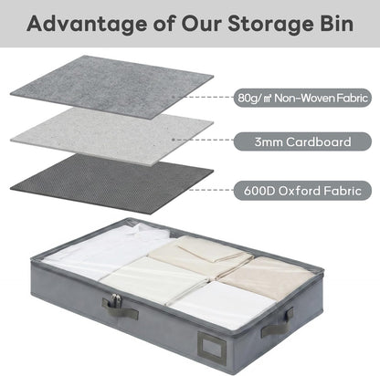 6" Versatile Under Bed Storage Bins (2-Pack, Charcoal Grey), Sturdy 600D Oxford Fabric Clothes Organizer Containers with Matching Vegan Leather Handles for Sweaters, Linens & Bedding