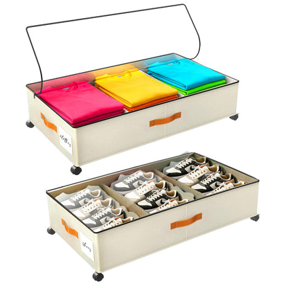 Under Bed Storage with Wheels, Rolling Storage Containers with Clear Lid and Handles for Clothes, Shoes, Blankets, Pillows, Toys, Books, Bags (60L, 30.9 x 16.9 x 6.7in, Beige, 2 Pack)