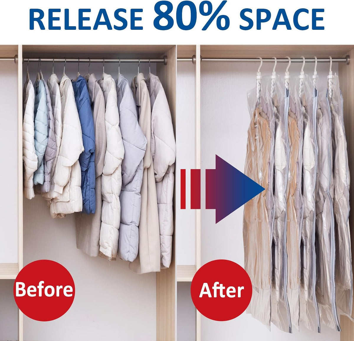 Hanging Vacuum Storage Bags, Space Saver Vacuum Seal Bags for Cloth, 6 Long