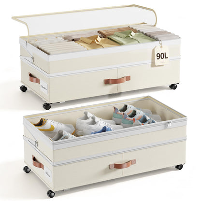 Yecaye 90L Under Bed Storage with Wheels, Height Adjustable, 2 Pack, Grey