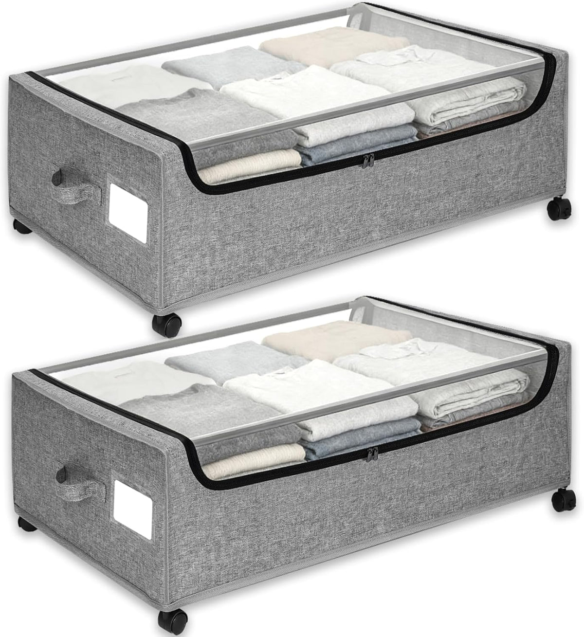 Under Bed Storage with Wheels, 2-Pack Under the Bed Storage Containers with Clear Lids & Label, Underbed Storage Bins, XXXL 85L 11 inches Rolling Metal Drawer for Clothes, Shoes, Toys, Books - Gray