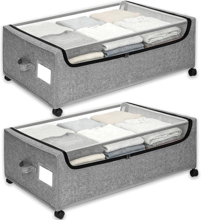 Under Bed Storage with Wheels, 2-Pack Under the Bed Storage Containers with Clear Lids & Label, Underbed Storage Bins, XXXL 85L 11 inches Rolling Metal Drawer for Clothes, Shoes, Toys, Books - Gray