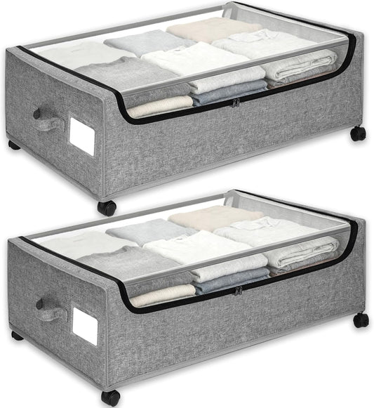 Under Bed Storage with Wheels, 2-Pack Under the Bed Storage Containers with Clear Lids & Label, Underbed Storage Bins, XXXL 85L 11 inches Rolling Metal Drawer for Clothes, Shoes, Toys, Books - Gray