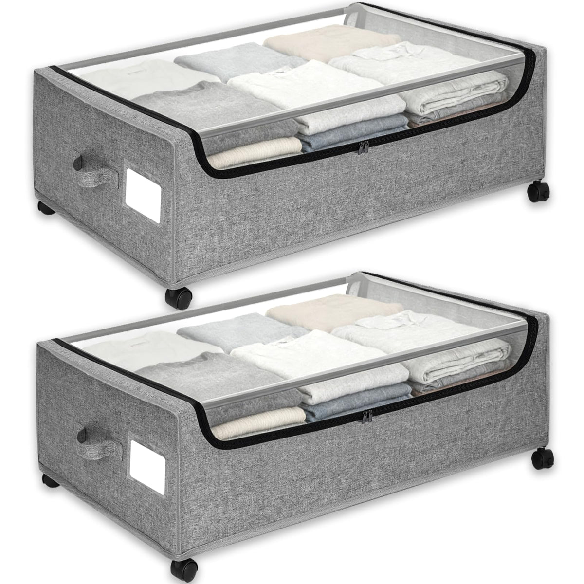 Under Bed Storage with Wheels, 2-Pack Under the Bed Storage Containers with Clear Lids & Label, Underbed Storage Bins, XXXL 85L 11 inches Rolling Metal Drawer for Clothes, Shoes, Toys, Books - Gray