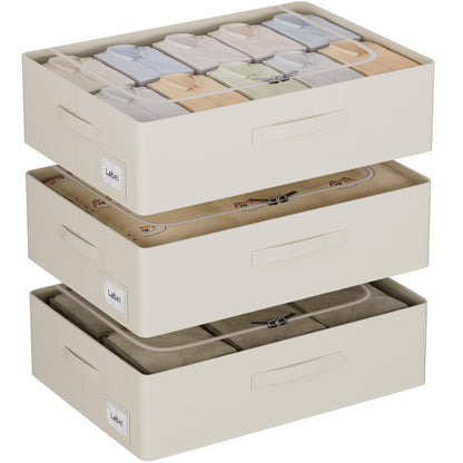 CYhom 3Pcs Under Bed Storage Bins with Metal Frame - Shoe Organizer for Closet with Clear Cover Oxford Fabric Sturdy Underbed Container Foldable Stackable Clothes Organizer (Beige, 23.5x11.8x6.3)