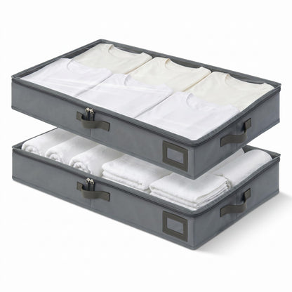 6" Versatile Under Bed Storage Bins (2-Pack, Charcoal Grey), Sturdy 600D Oxford Fabric Clothes Organizer Containers with Matching Vegan Leather Handles for Sweaters, Linens & Bedding