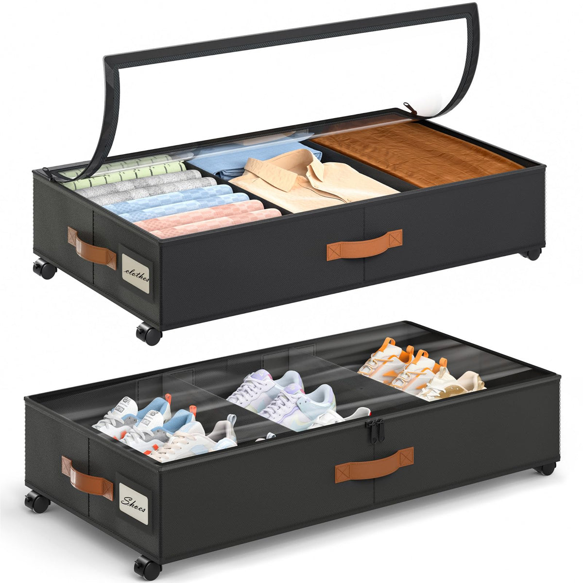 Yecaye Under Bed Storage with Wheels, 2 Pack Under Bed Storage Containers with Adjustable Dividers & Clear Lid, Rolling Underbed Organizer Bins Drawer for Clothes, Shoes, Blankets(30.3 x 16 x 6.7in)
