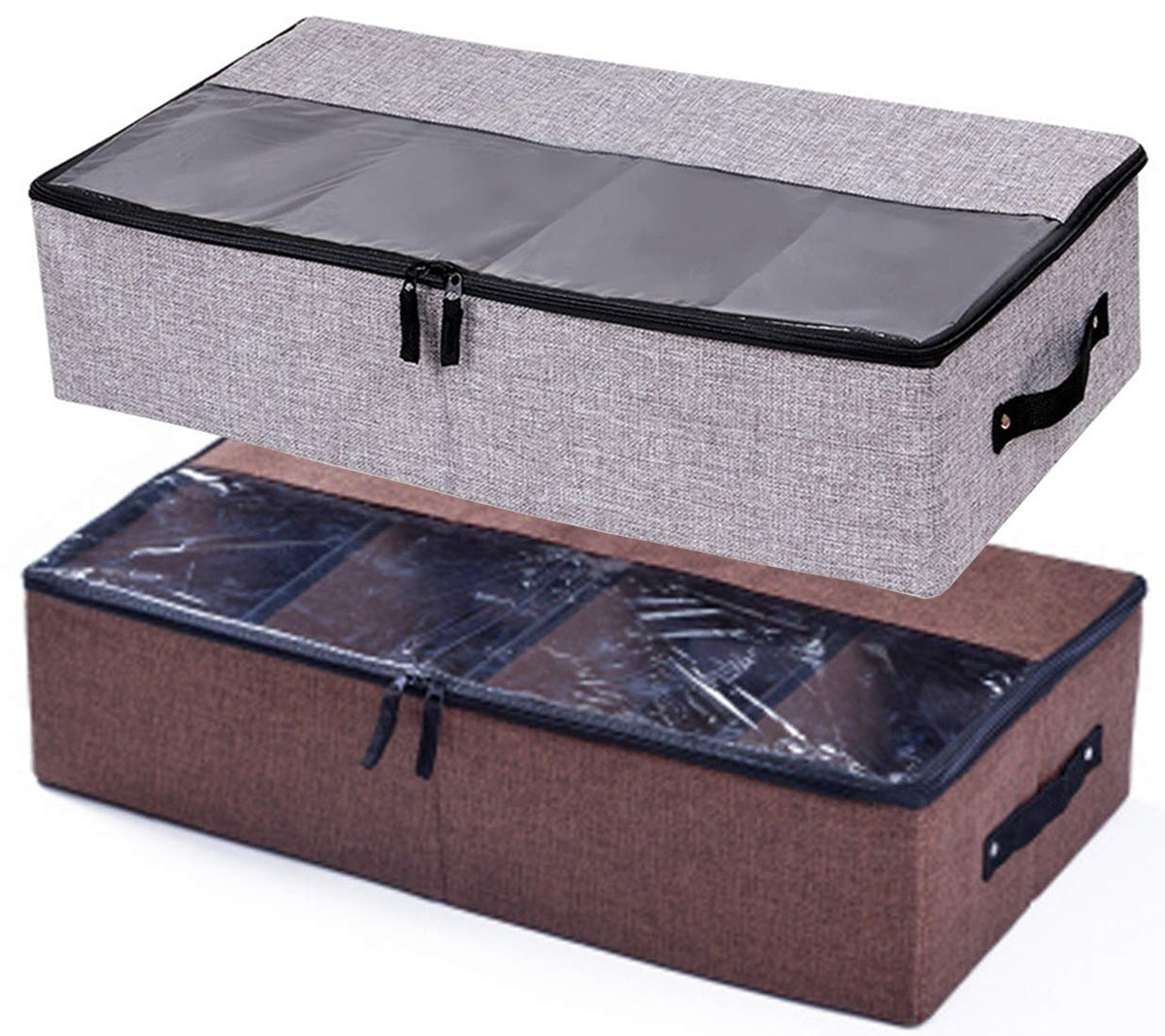 AARAINBOW Foldable Under Bed Clothes Organizer with Lid, Fabric Underbed Storage Container with Adjustable Dividers, Long UnderBed Storage Bins with Handles, Clear Shoes Storage Under Bed (2 Gray)