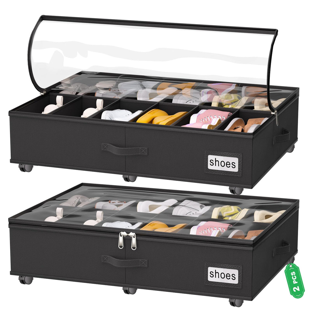 homyfort Under Bed Shoe Storage with Wheels, Fits 24 Pairs, Rolling Shoe Organizer with Bottom Support & Clear Lids, Sturdy Under Bed Storage Box for Shoes, Set of 2, Black