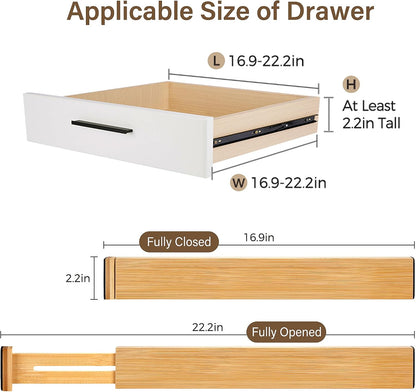 Adjustable Bamboo Drawer Dividers of 8, Expandable Organizers (16.9"-22.2")