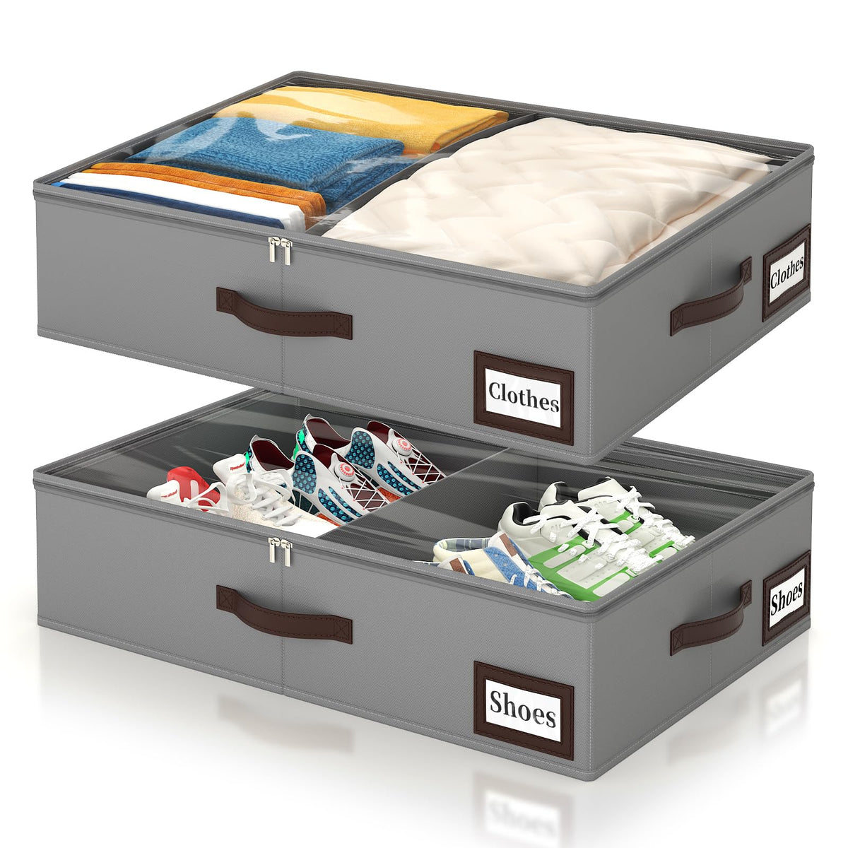 OIAHOMY 2 Pack 53L Under Bed Storage with Adjustable Dividers, 6" Low Profile Underbed Storage Bins for Comforters & Clothes, Save Closet Space with Clear View Lid & Reinforced Handles, Black