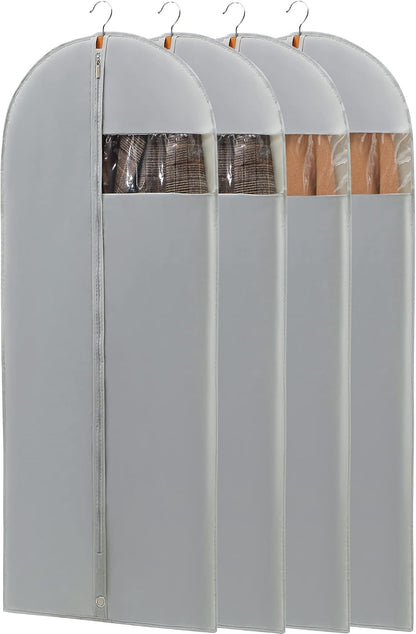 4 Pack - 65" Dress Garment Bags for Hanging Clothes, Dress Bags for Gowns Long, Foldable Long Garment Bag with Clear Window for Closet Storage and Travel - Gray