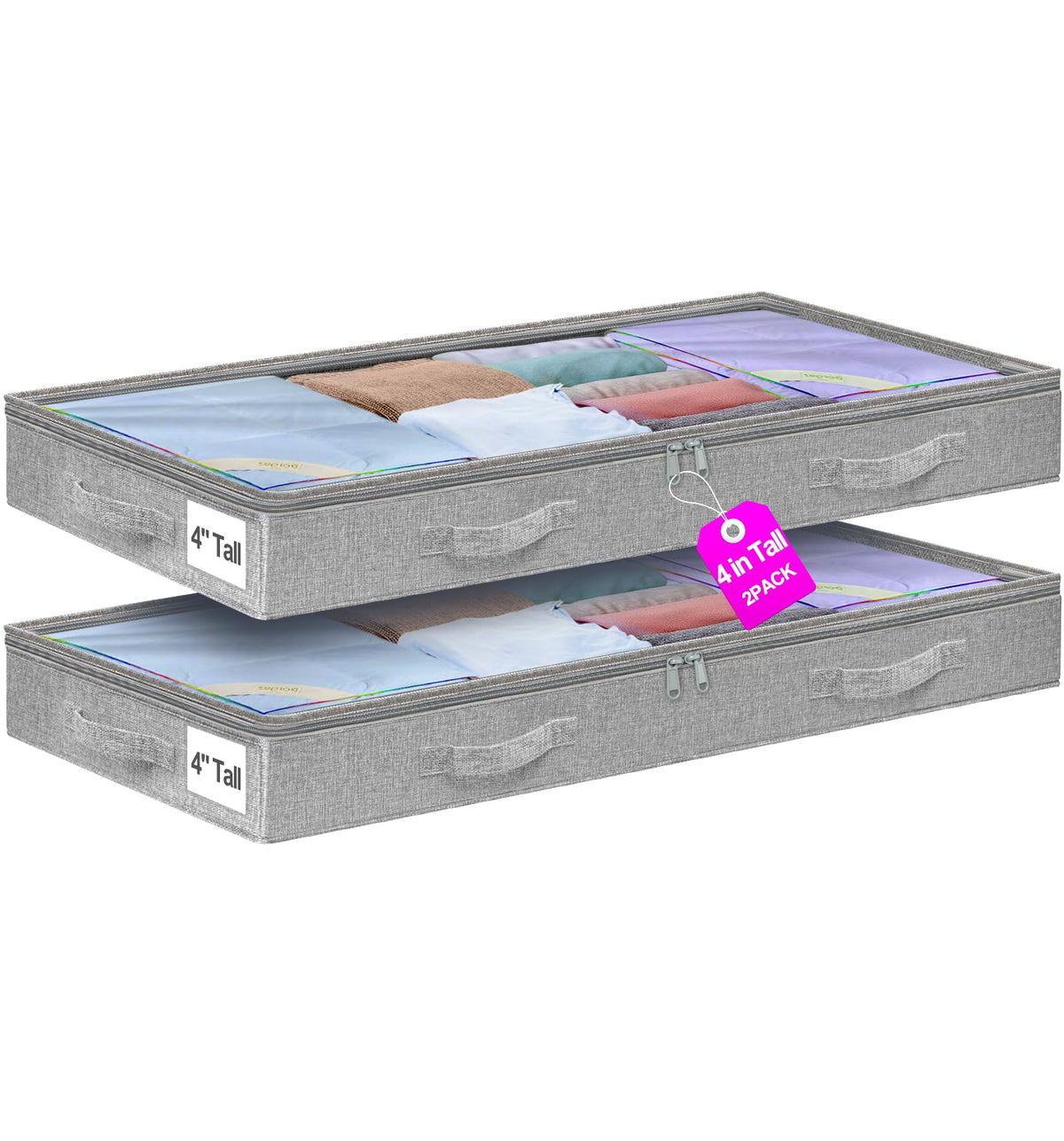 punemi 3 inch High Soft Low Profile Under Bed Storage Bins, 2 Pack, Grey