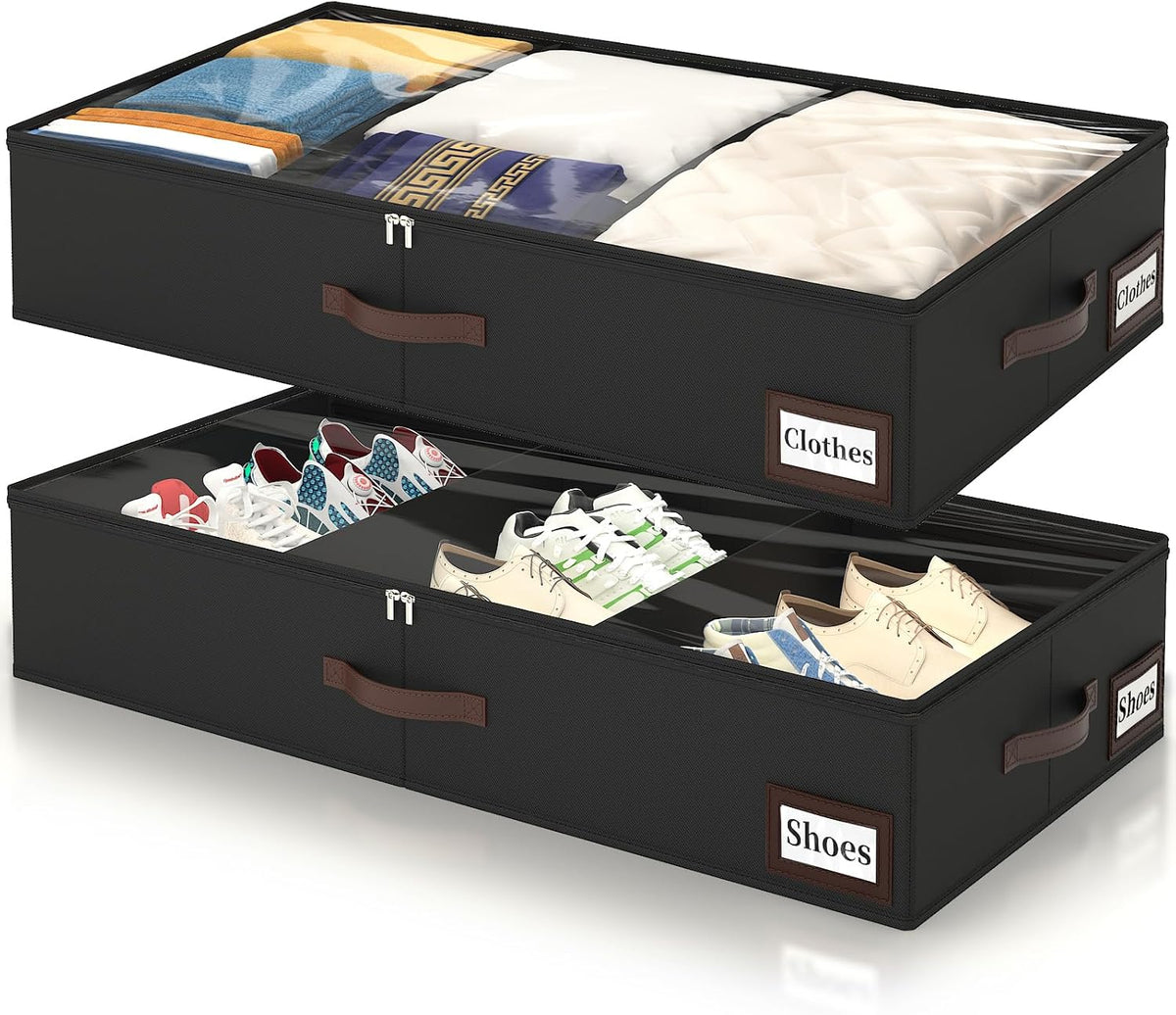 OIAHOMY 2 Pack 53L Under Bed Storage with Adjustable Dividers, 6" Low Profile Underbed Storage Bins for Comforters & Clothes, Save Closet Space with Clear View Lid & Reinforced Handles, Black
