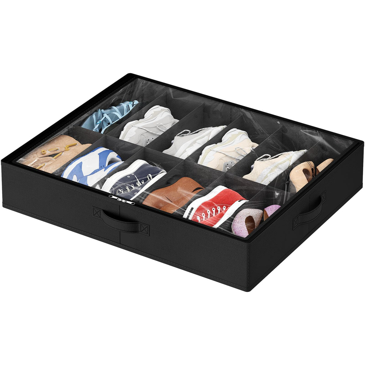 Lifewit Under Bed Shoe Storage Organizer 2 Pack(12 Shoes Cells), 4.3 Inches Profile Fabric Shoes Container Box with Clear Cover, Foldable Storage Bag with 2 Handles, Fits 12 to 24 Pairs