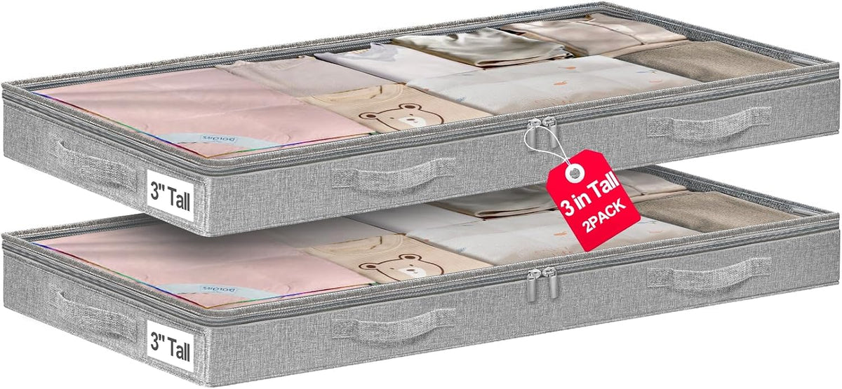 punemi 3 inch High Soft Low Profile Under Bed Storage Bins, 2 Pack, Grey