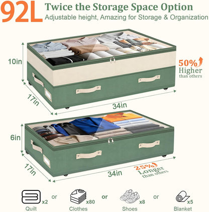 Dolicer 2 Pack Under Bed Storage with Wheels, 6in-10in Height Adjustable Underbed Storage Containers, 92L XXXL Under Bed Drawers Rolling Bin with Clear Lids for Dorm Shoes Clothes Organizers(Green)