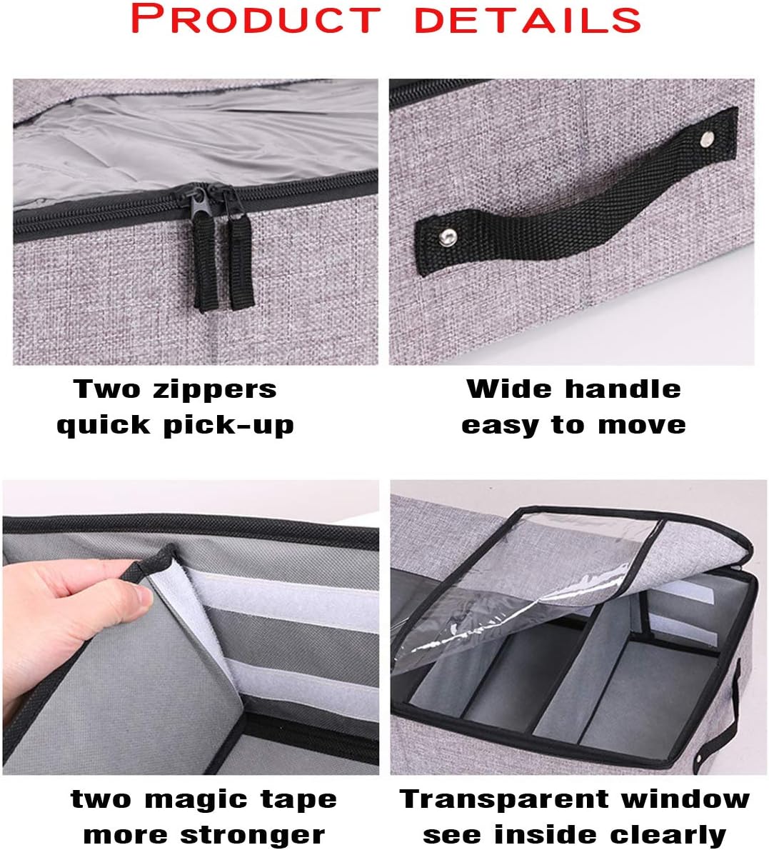 AARAINBOW Foldable Under Bed Clothes Organizer with Lid, Fabric Underbed Storage Container with Adjustable Dividers, Long UnderBed Storage Bins with Handles, Clear Shoes Storage Under Bed (2 Gray)